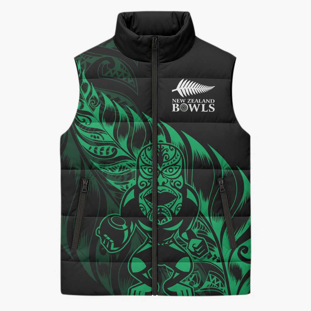 New Zealand Lawn Bowls Custom Sleeveless Puffer Jacket Green Maori Warrior Tribal Silver Fern - Polynesian Pride