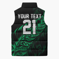 New Zealand Lawn Bowls Custom Sleeveless Puffer Jacket Green Maori Warrior Tribal Silver Fern - Polynesian Pride