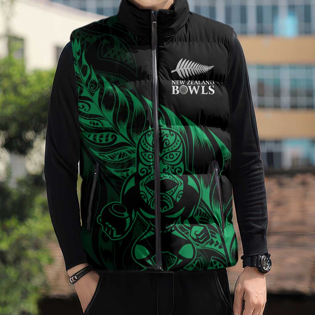 New Zealand Lawn Bowls Custom Sleeveless Puffer Jacket Green Maori Warrior Tribal Silver Fern - Polynesian Pride