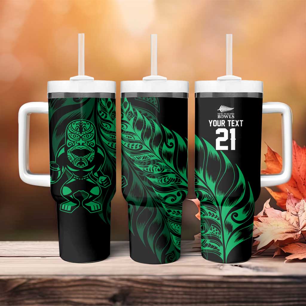 New Zealand Lawn Bowls Custom Tumbler With Handle Green Maori Warrior Tribal Silver Fern - Polynesian Pride