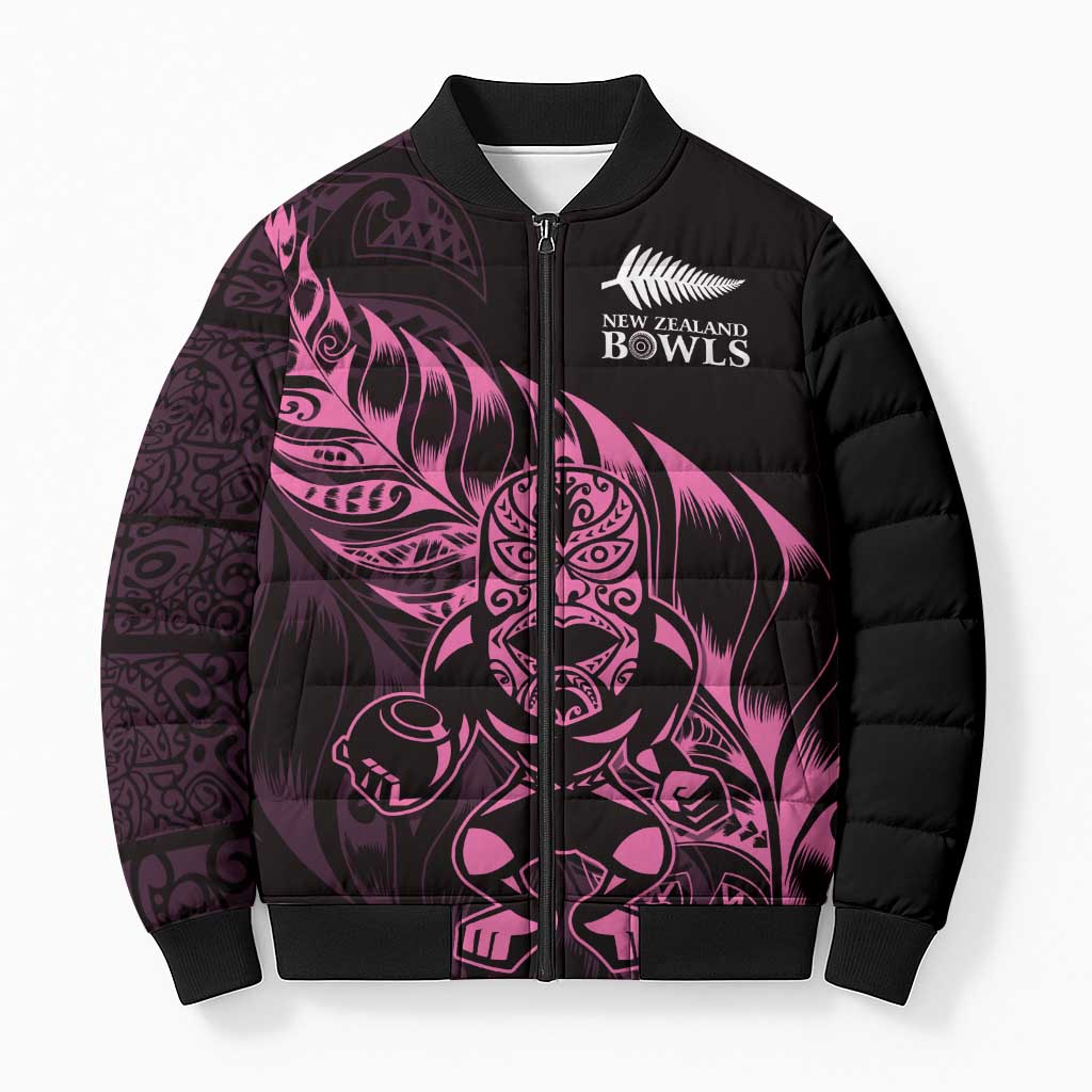 New Zealand Lawn Bowls Custom Bomber Puffer Jacket Pink Maori Warrior Tribal Silver Fern - Polynesian Pride
