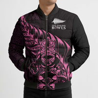 New Zealand Lawn Bowls Custom Bomber Puffer Jacket Pink Maori Warrior Tribal Silver Fern - Polynesian Pride