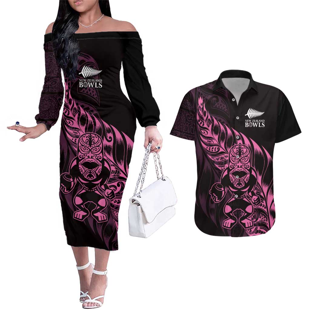 New Zealand Lawn Bowls Custom Couples Matching Off The Shoulder Long Sleeve Dress and Hawaiian Shirt Pink Maori Warrior Tribal Silver Fern - Polynesian Pride
