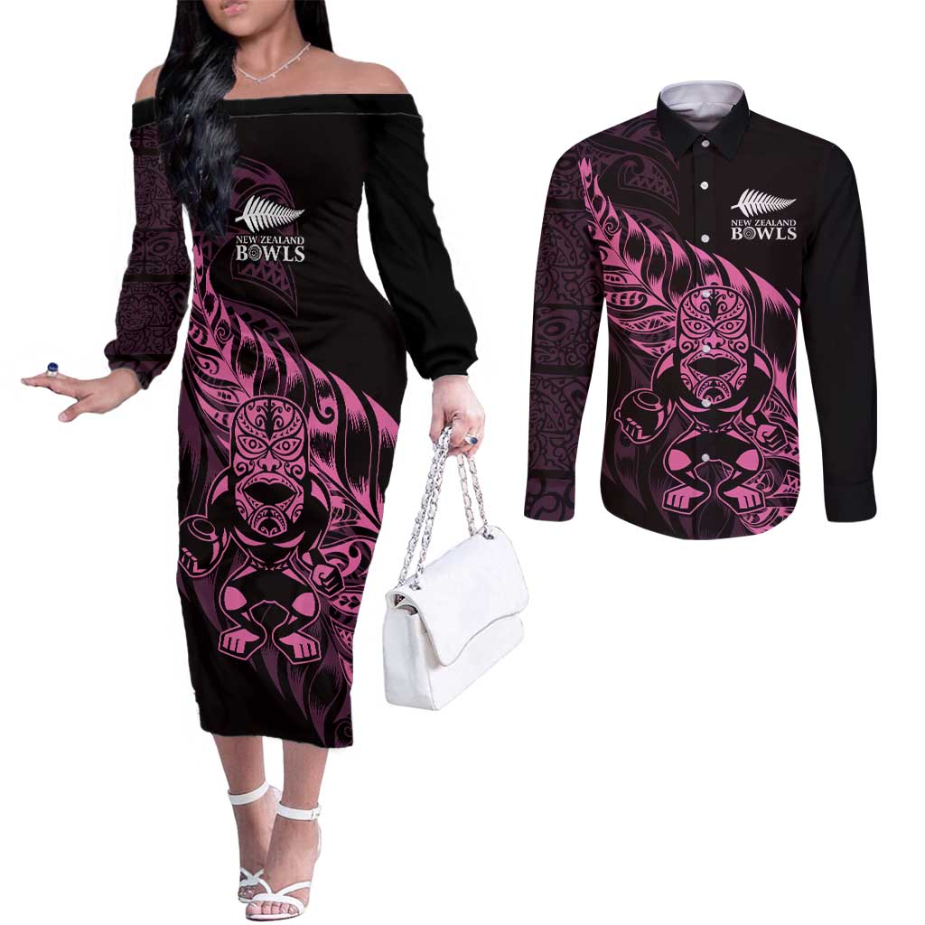 New Zealand Lawn Bowls Custom Couples Matching Off The Shoulder Long Sleeve Dress and Long Sleeve Button Shirt Pink Maori Warrior Tribal Silver Fern - Polynesian Pride