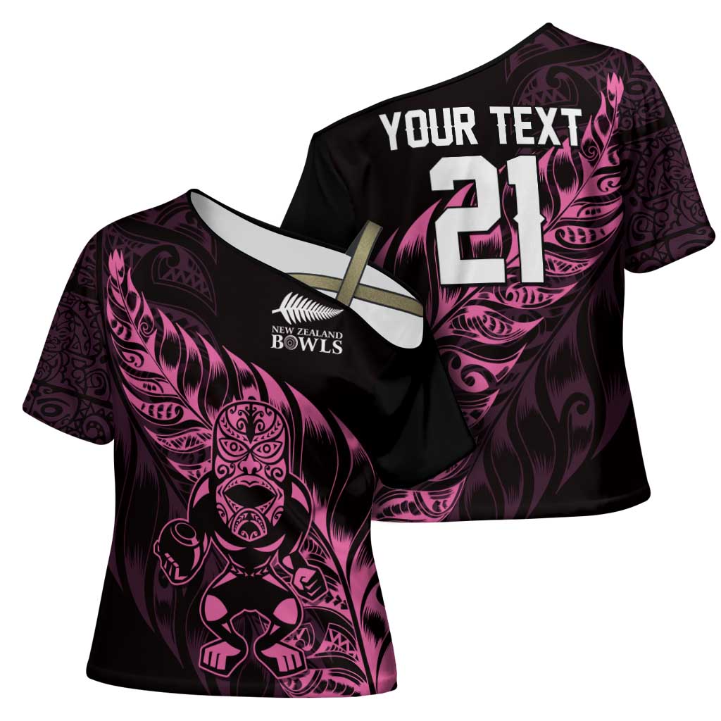 New Zealand Lawn Bowls Custom Cross Shoulder Shirt Pink Maori Warrior Tribal Silver Fern - Polynesian Pride