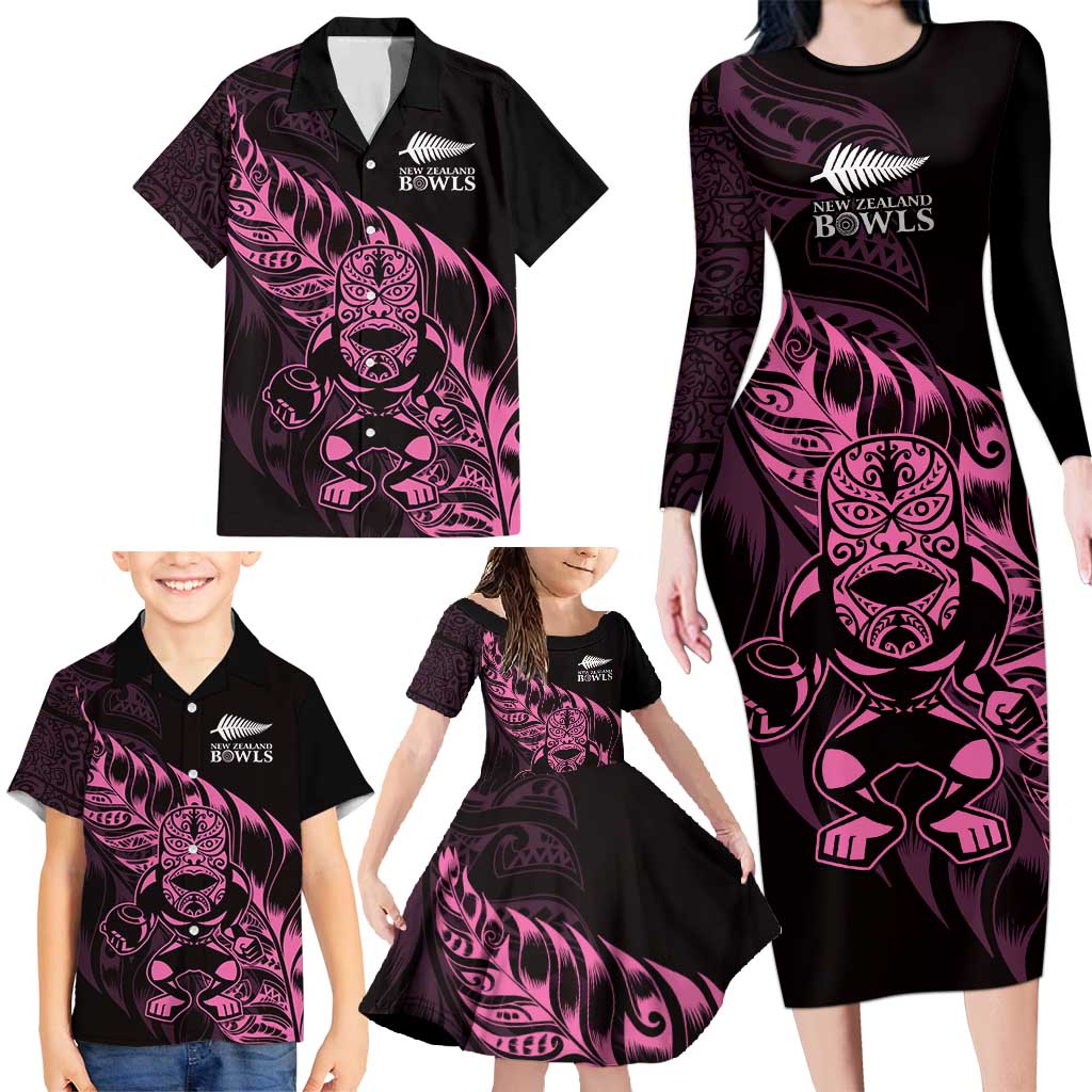 New Zealand Lawn Bowls Custom Family Matching Long Sleeve Bodycon Dress and Hawaiian Shirt Pink Maori Warrior Tribal Silver Fern - Polynesian Pride