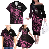 New Zealand Lawn Bowls Custom Family Matching Off The Shoulder Long Sleeve Dress and Hawaiian Shirt Pink Maori Warrior Tribal Silver Fern - Polynesian Pride