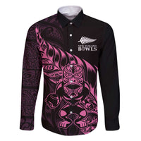 New Zealand Lawn Bowls Custom Family Matching Off The Shoulder Long Sleeve Dress and Hawaiian Shirt Pink Maori Warrior Tribal Silver Fern - Polynesian Pride