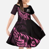 New Zealand Lawn Bowls Custom Family Matching Off Shoulder Maxi Dress and Hawaiian Shirt Pink Maori Warrior Tribal Silver Fern - Polynesian Pride