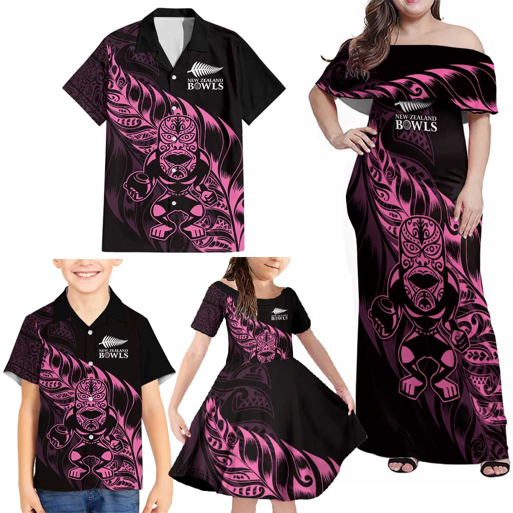 New Zealand Lawn Bowls Custom Family Matching Off Shoulder Maxi Dress and Hawaiian Shirt Pink Maori Warrior Tribal Silver Fern - Polynesian Pride