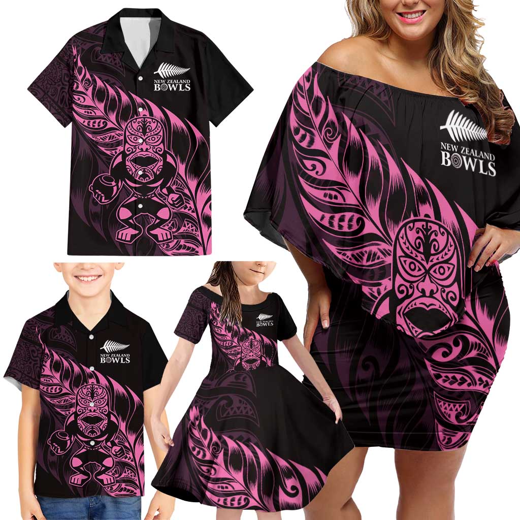 New Zealand Lawn Bowls Custom Family Matching Off Shoulder Short Dress and Hawaiian Shirt Pink Maori Warrior Tribal Silver Fern - Polynesian Pride