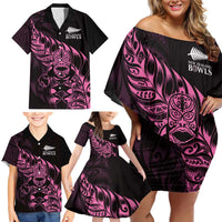 New Zealand Lawn Bowls Custom Family Matching Off Shoulder Short Dress and Hawaiian Shirt Pink Maori Warrior Tribal Silver Fern - Polynesian Pride