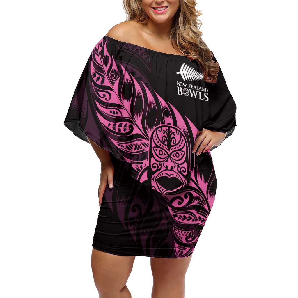 New Zealand Lawn Bowls Custom Family Matching Off Shoulder Short Dress and Hawaiian Shirt Pink Maori Warrior Tribal Silver Fern - Polynesian Pride