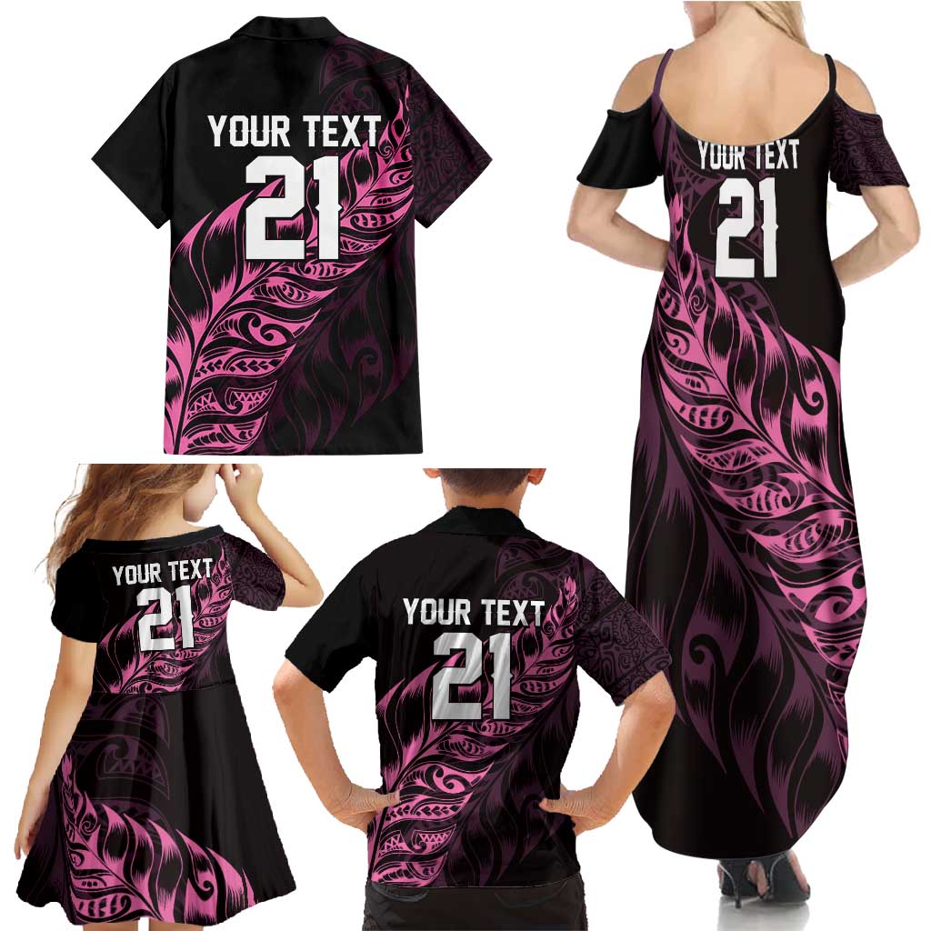 New Zealand Lawn Bowls Custom Family Matching Summer Maxi Dress and Hawaiian Shirt Pink Maori Warrior Tribal Silver Fern - Polynesian Pride