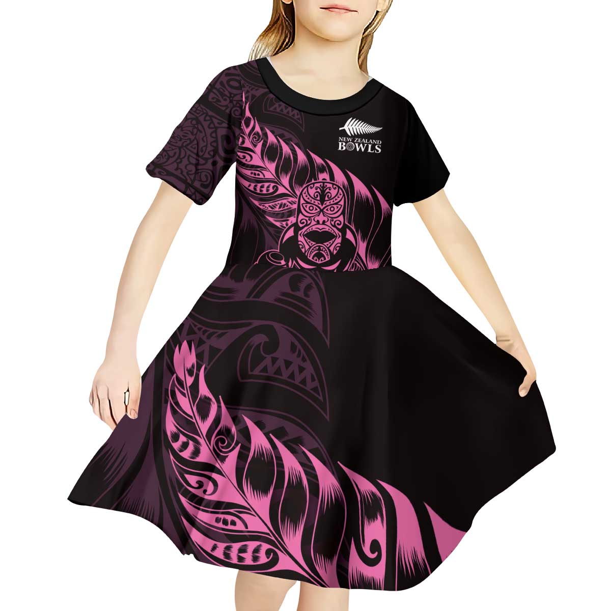 New Zealand Lawn Bowls Custom Kid Short Sleeve Dress Pink Maori Warrior Tribal Silver Fern - Polynesian Pride