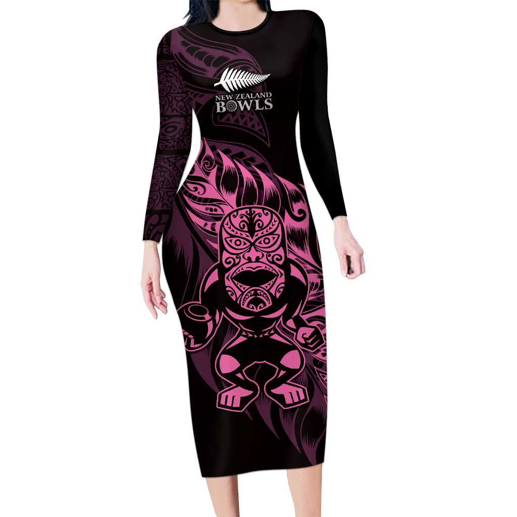 New Zealand Lawn Bowls Custom Long Sleeve Bodycon Dress Pink Maori Warrior Tribal Silver Fern - Polynesian Pride