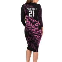 New Zealand Lawn Bowls Custom Long Sleeve Bodycon Dress Pink Maori Warrior Tribal Silver Fern - Polynesian Pride
