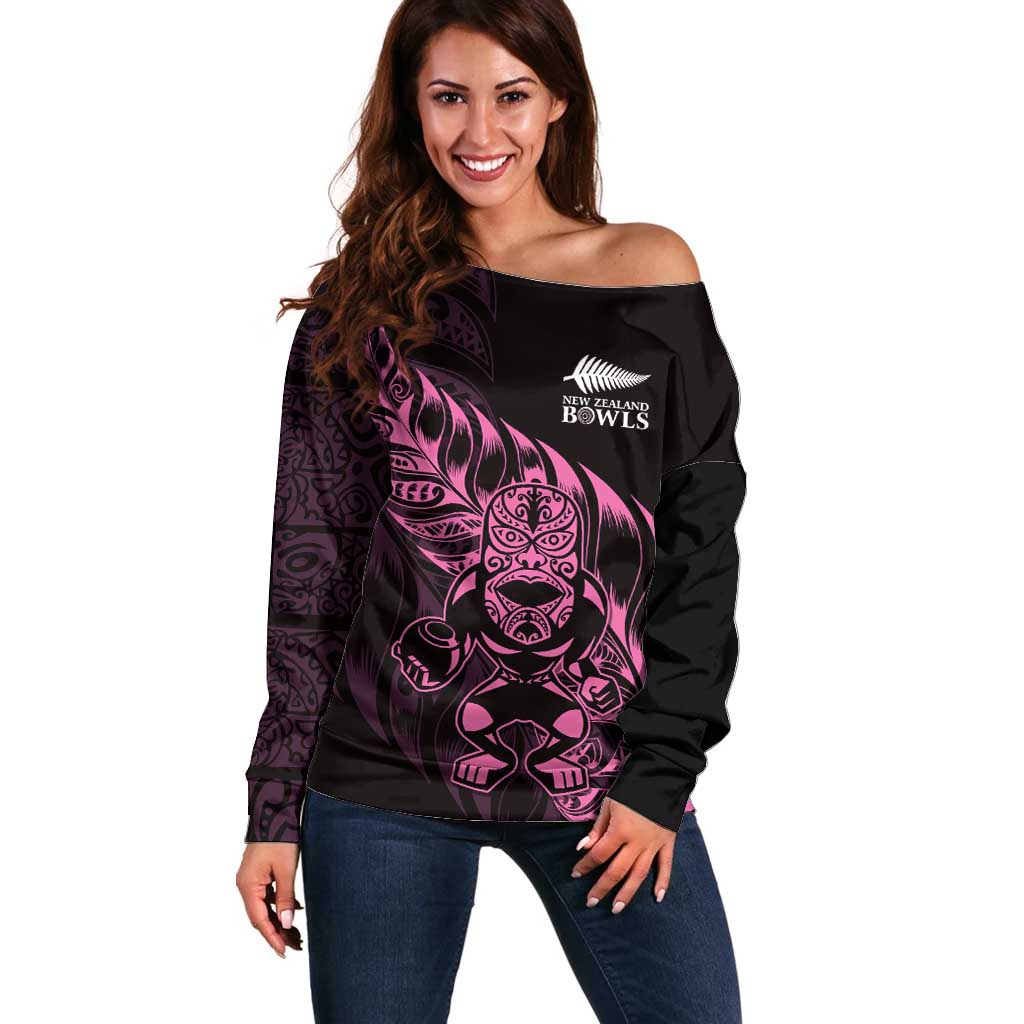 New Zealand Lawn Bowls Custom Off Shoulder Sweater Pink Maori Warrior Tribal Silver Fern - Polynesian Pride