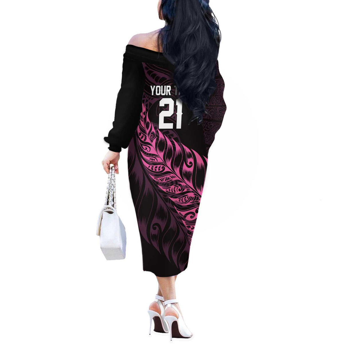 New Zealand Lawn Bowls Custom Off The Shoulder Long Sleeve Dress Pink Maori Warrior Tribal Silver Fern - Polynesian Pride