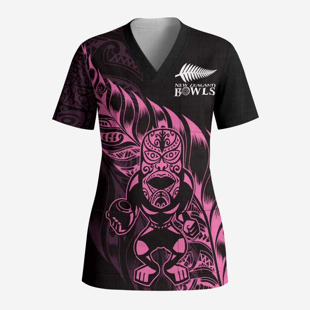 New Zealand Lawn Bowls Custom Scrub Top Pink Maori Warrior Tribal Silver Fern - Polynesian Pride