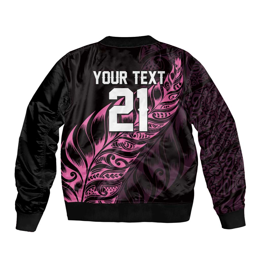 New Zealand Lawn Bowls Custom Sleeve Zip Bomber Jacket Pink Maori Warrior Tribal Silver Fern - Polynesian Pride
