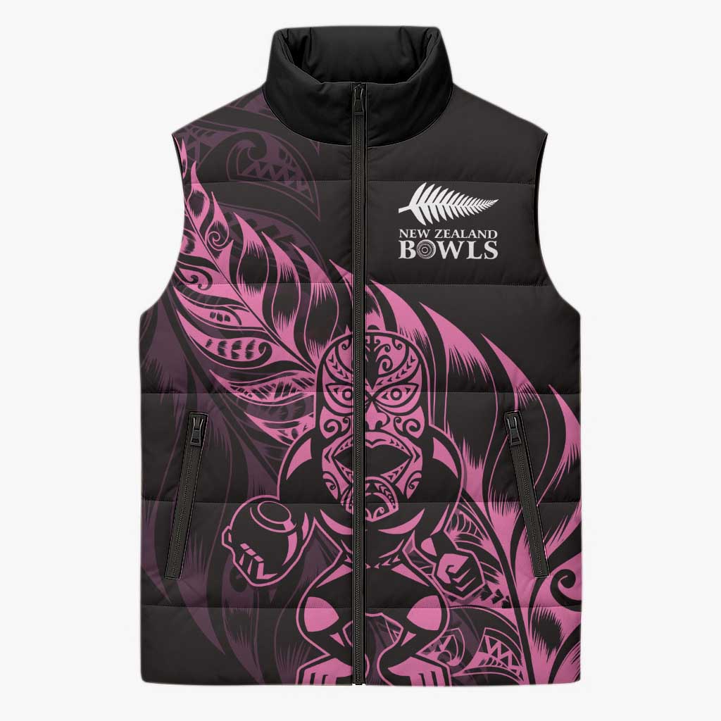 New Zealand Lawn Bowls Custom Sleeveless Puffer Jacket Pink Maori Warrior Tribal Silver Fern - Polynesian Pride