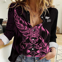 New Zealand Lawn Bowls Custom Women Casual Shirt Pink Maori Warrior Tribal Silver Fern - Polynesian Pride