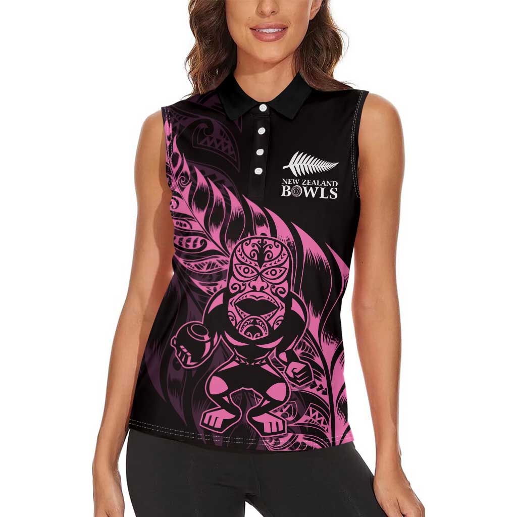New Zealand Lawn Bowls Custom Women Sleeveless Polo Shirt Pink Maori Warrior Tribal Silver Fern - Polynesian Pride