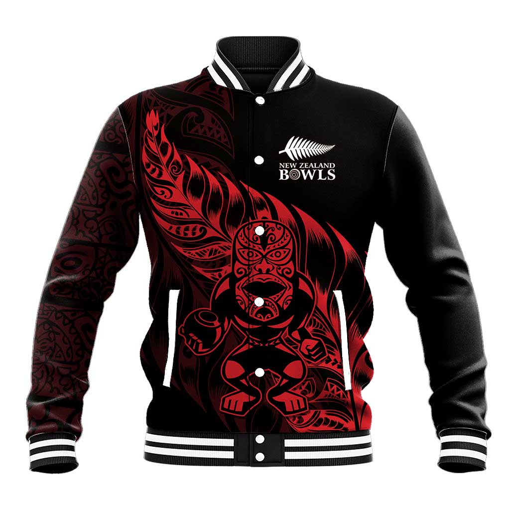 New Zealand Lawn Bowls Custom Baseball Jacket Red Maori Warrior Tribal Silver Fern - Polynesian Pride