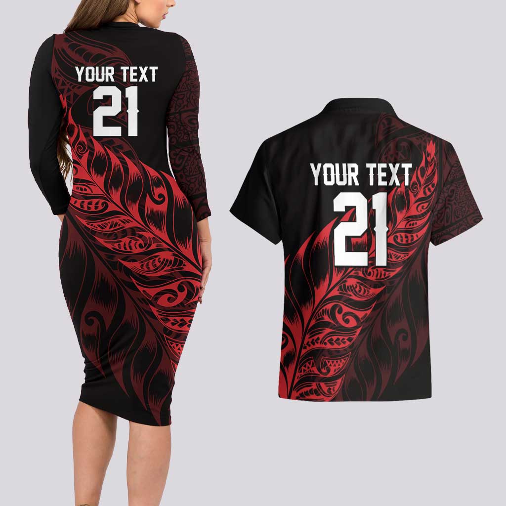 New Zealand Lawn Bowls Custom Couples Matching Long Sleeve Bodycon Dress and Hawaiian Shirt Red Maori Warrior Tribal Silver Fern - Polynesian Pride