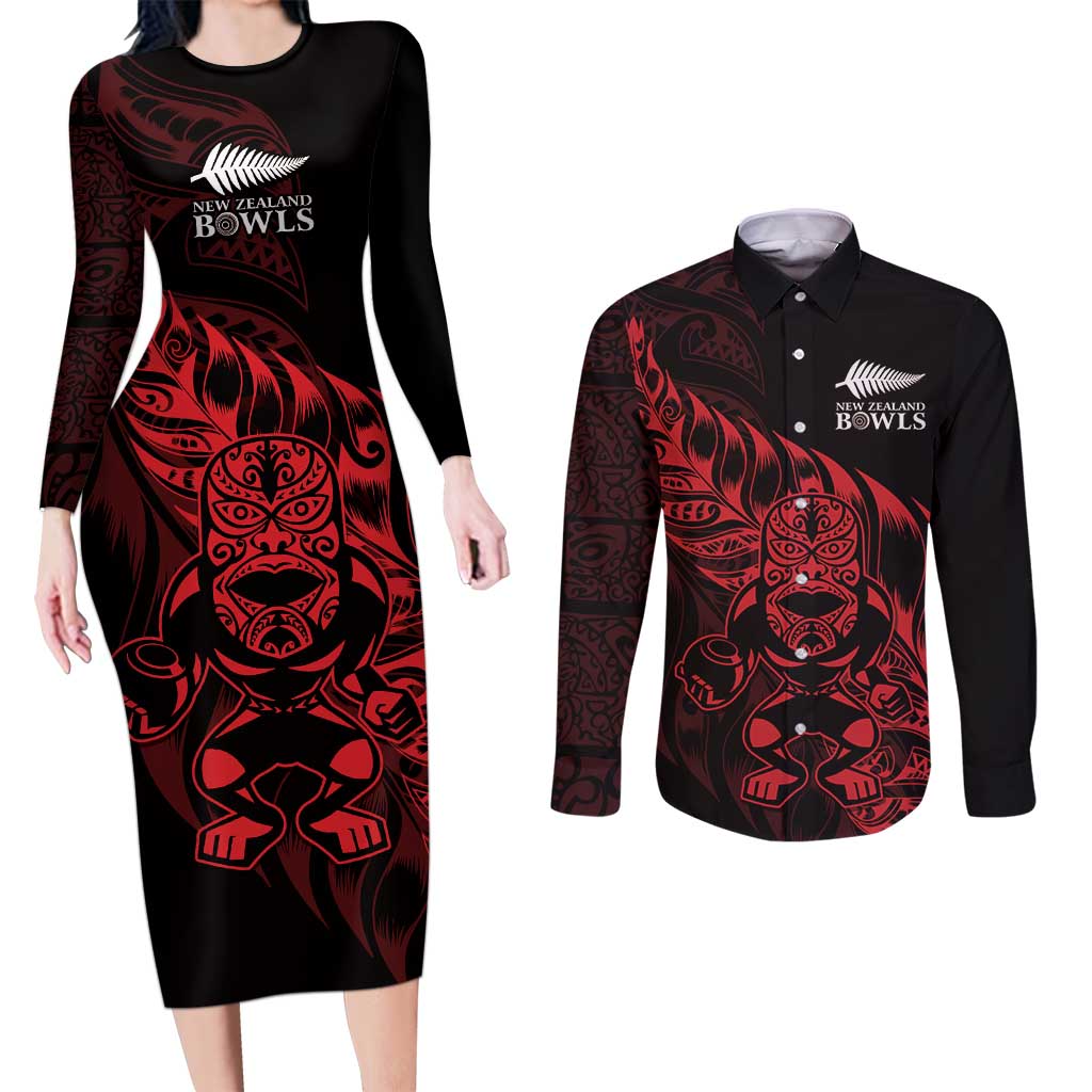 New Zealand Lawn Bowls Custom Couples Matching Long Sleeve Bodycon Dress and Long Sleeve Button Shirt Red Maori Warrior Tribal Silver Fern - Polynesian Pride