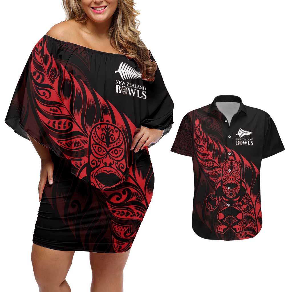 New Zealand Lawn Bowls Custom Couples Matching Off Shoulder Short Dress and Hawaiian Shirt Red Maori Warrior Tribal Silver Fern - Polynesian Pride