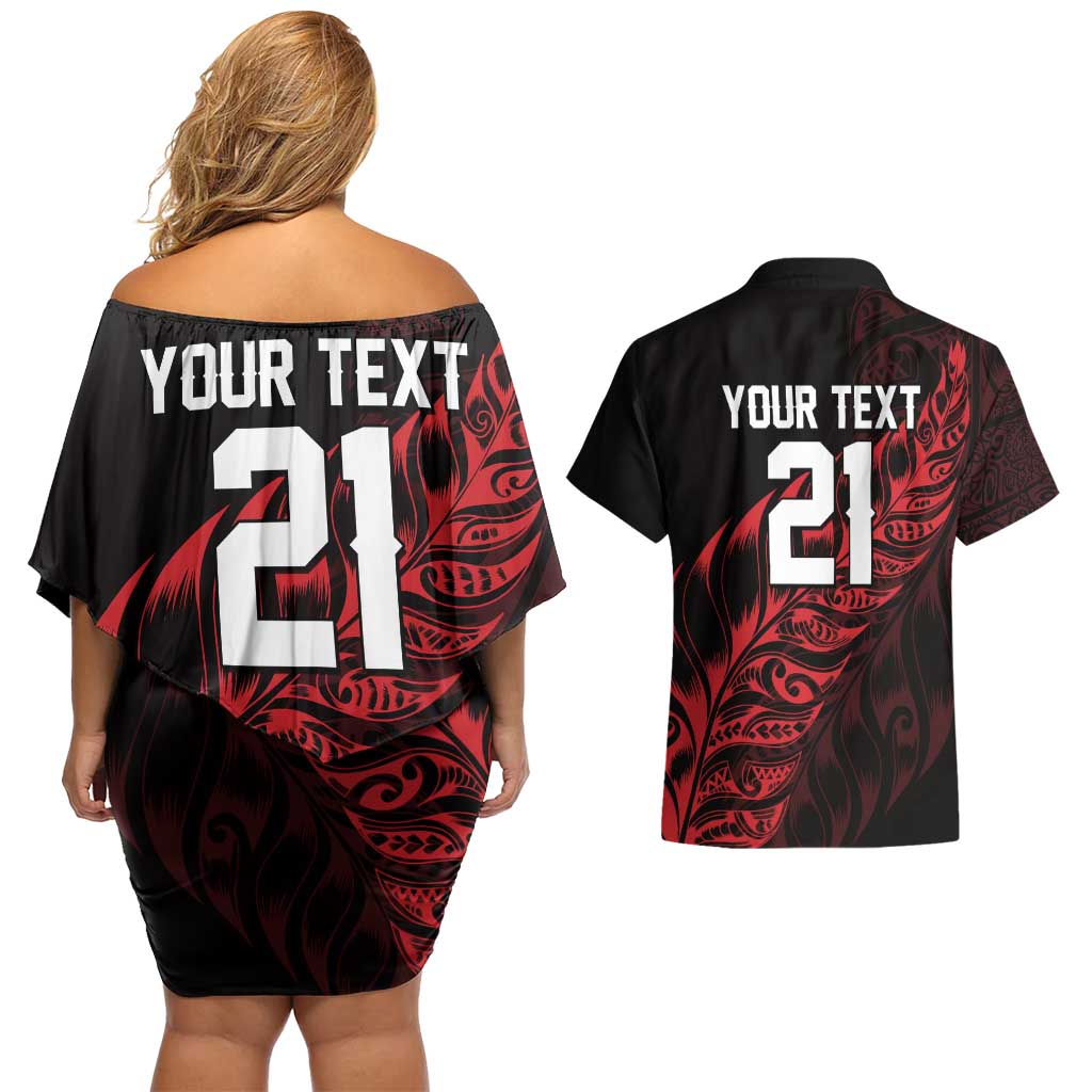 New Zealand Lawn Bowls Custom Couples Matching Off Shoulder Short Dress and Hawaiian Shirt Red Maori Warrior Tribal Silver Fern - Polynesian Pride