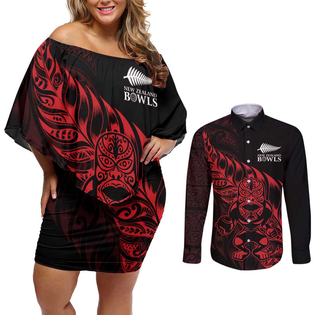 New Zealand Lawn Bowls Custom Couples Matching Off Shoulder Short Dress and Long Sleeve Button Shirt Red Maori Warrior Tribal Silver Fern - Polynesian Pride