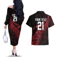 New Zealand Lawn Bowls Custom Couples Matching Off The Shoulder Long Sleeve Dress and Hawaiian Shirt Red Maori Warrior Tribal Silver Fern - Polynesian Pride