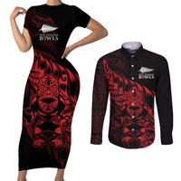 New Zealand Lawn Bowls Custom Couples Matching Short Sleeve Bodycon Dress and Long Sleeve Button Shirt Red Maori Warrior Tribal Silver Fern - Polynesian Pride