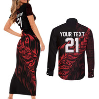 New Zealand Lawn Bowls Custom Couples Matching Short Sleeve Bodycon Dress and Long Sleeve Button Shirt Red Maori Warrior Tribal Silver Fern - Polynesian Pride