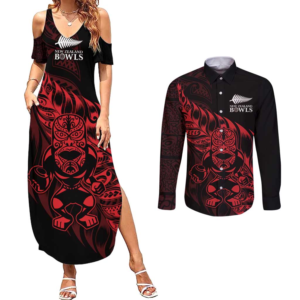 New Zealand Lawn Bowls Custom Couples Matching Summer Maxi Dress and Long Sleeve Button Shirt Red Maori Warrior Tribal Silver Fern - Polynesian Pride
