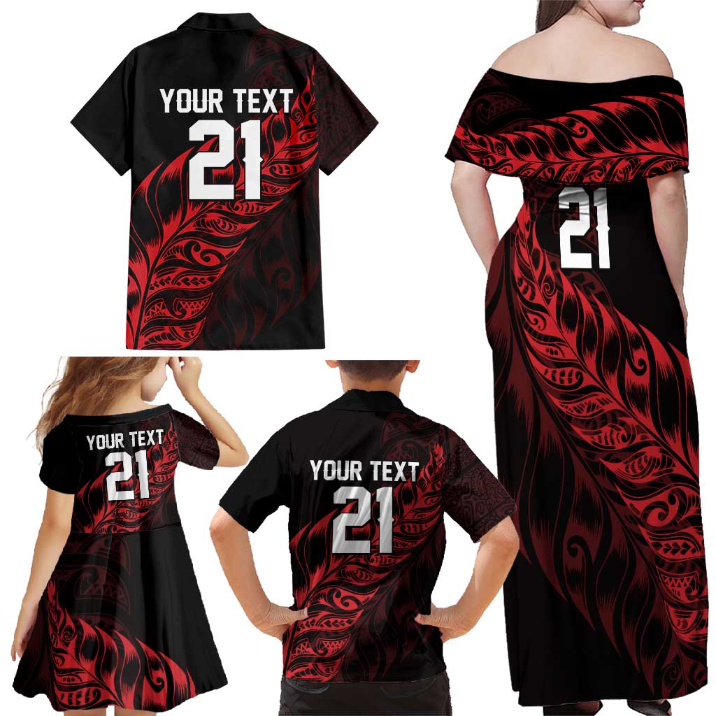 New Zealand Lawn Bowls Custom Family Matching Off Shoulder Maxi Dress and Hawaiian Shirt Red Maori Warrior Tribal Silver Fern - Polynesian Pride