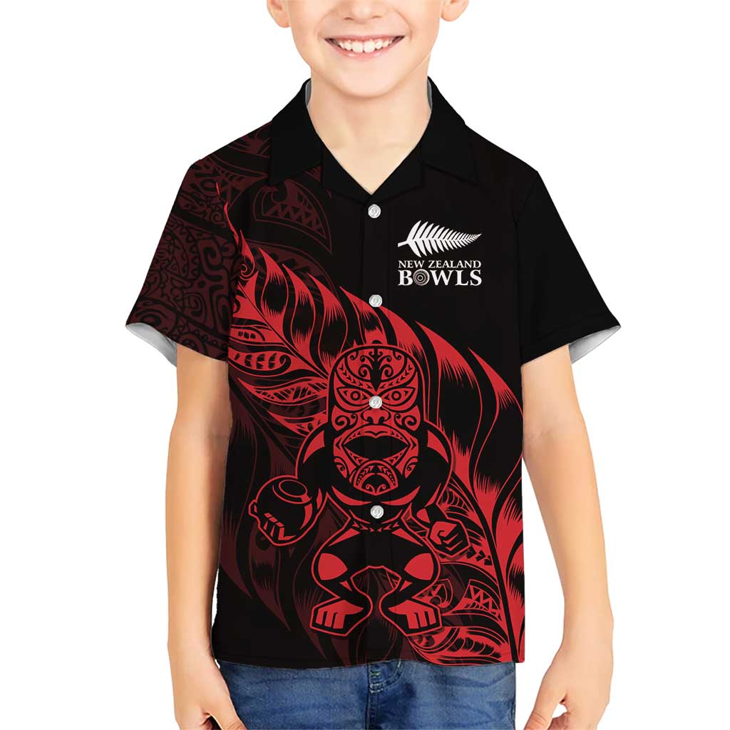 New Zealand Lawn Bowls Custom Kid Hawaiian Shirt Red Maori Warrior Tribal Silver Fern - Polynesian Pride