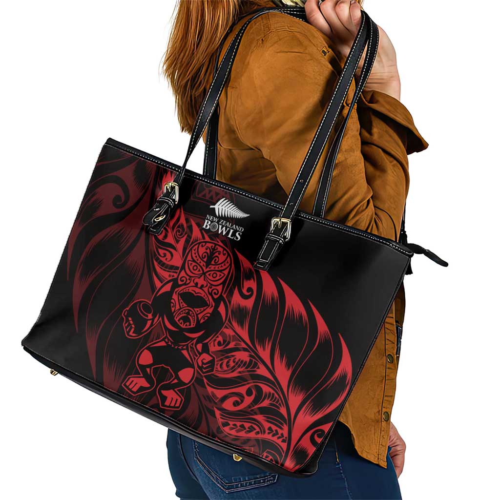 New Zealand Lawn Bowls Leather Tote Bag Red Maori Warrior Tribal Silver Fern - Polynesian Pride