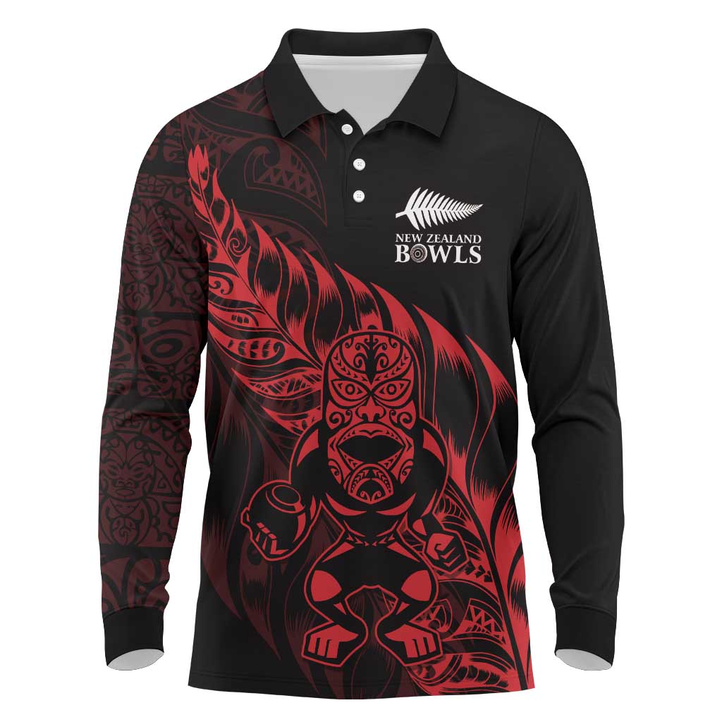 New Zealand Lawn Bowls Custom Long Sleeve Polo Shirt Red Maori Warrior Tribal Silver Fern - Polynesian Pride