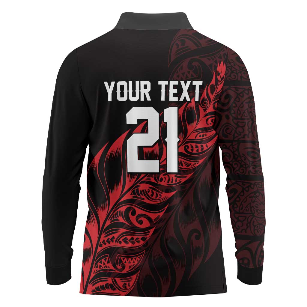 New Zealand Lawn Bowls Custom Long Sleeve Polo Shirt Red Maori Warrior Tribal Silver Fern - Polynesian Pride