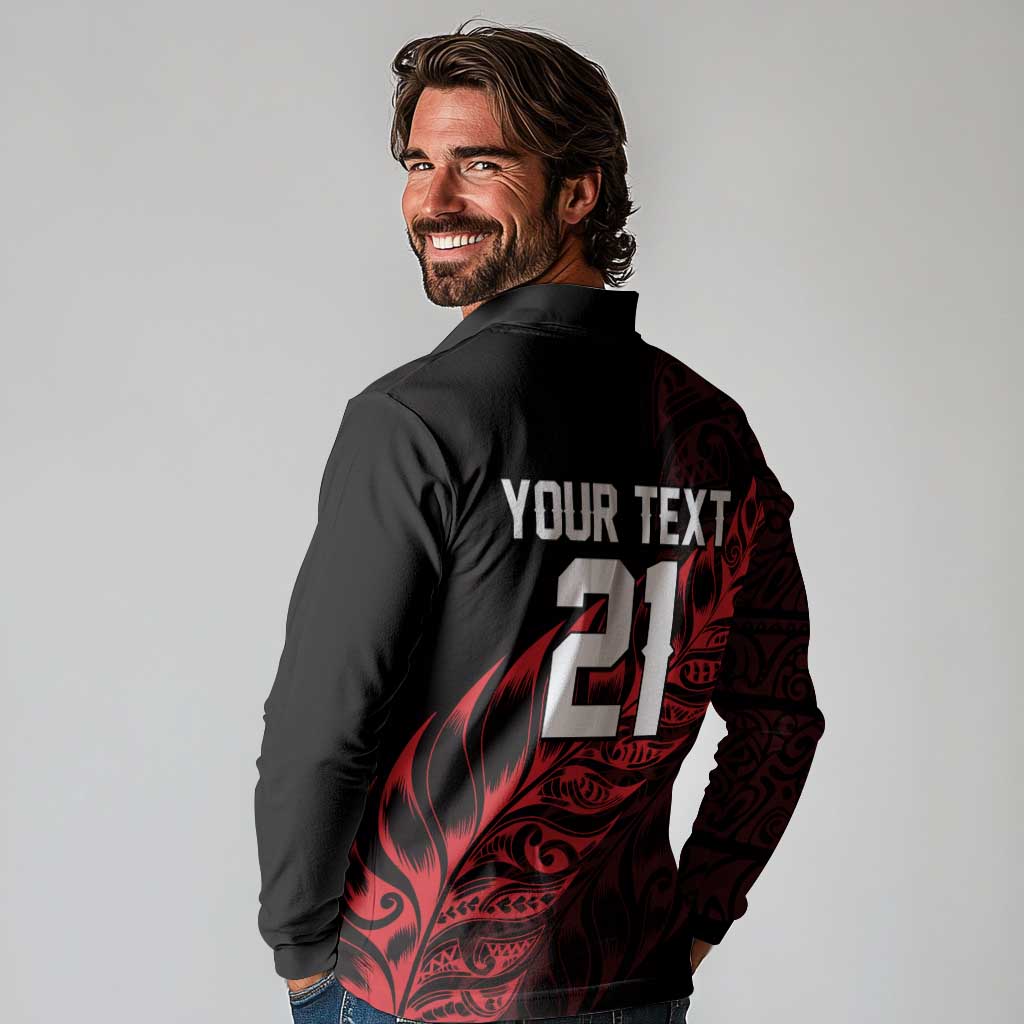 New Zealand Lawn Bowls Custom Long Sleeve Polo Shirt Red Maori Warrior Tribal Silver Fern - Polynesian Pride