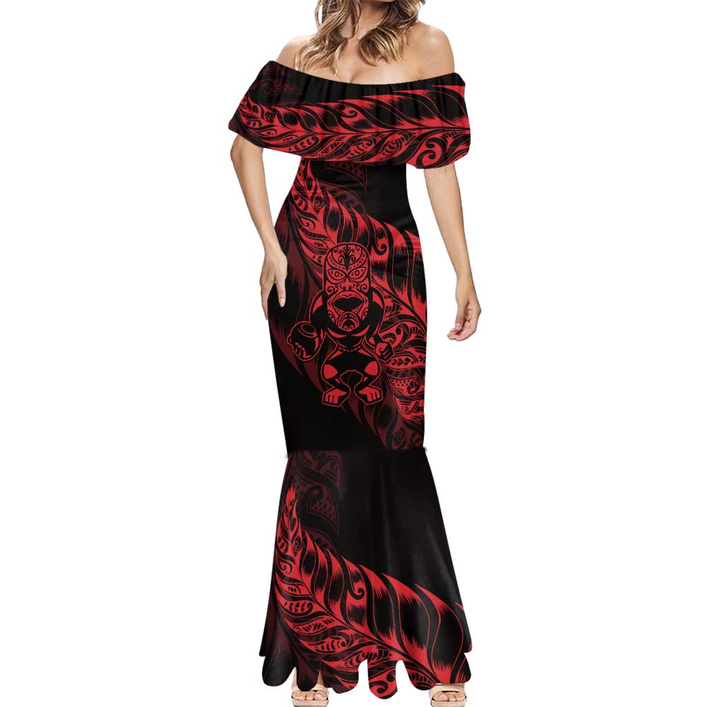 New Zealand Lawn Bowls Custom Mermaid Dress Red Maori Warrior Tribal Silver Fern - Polynesian Pride