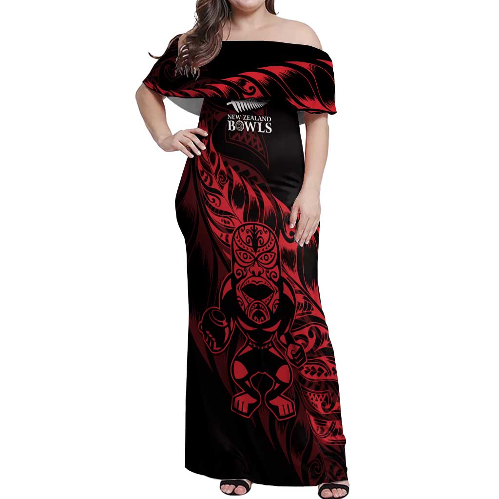 New Zealand Lawn Bowls Custom Off Shoulder Maxi Dress Red Maori Warrior Tribal Silver Fern - Polynesian Pride