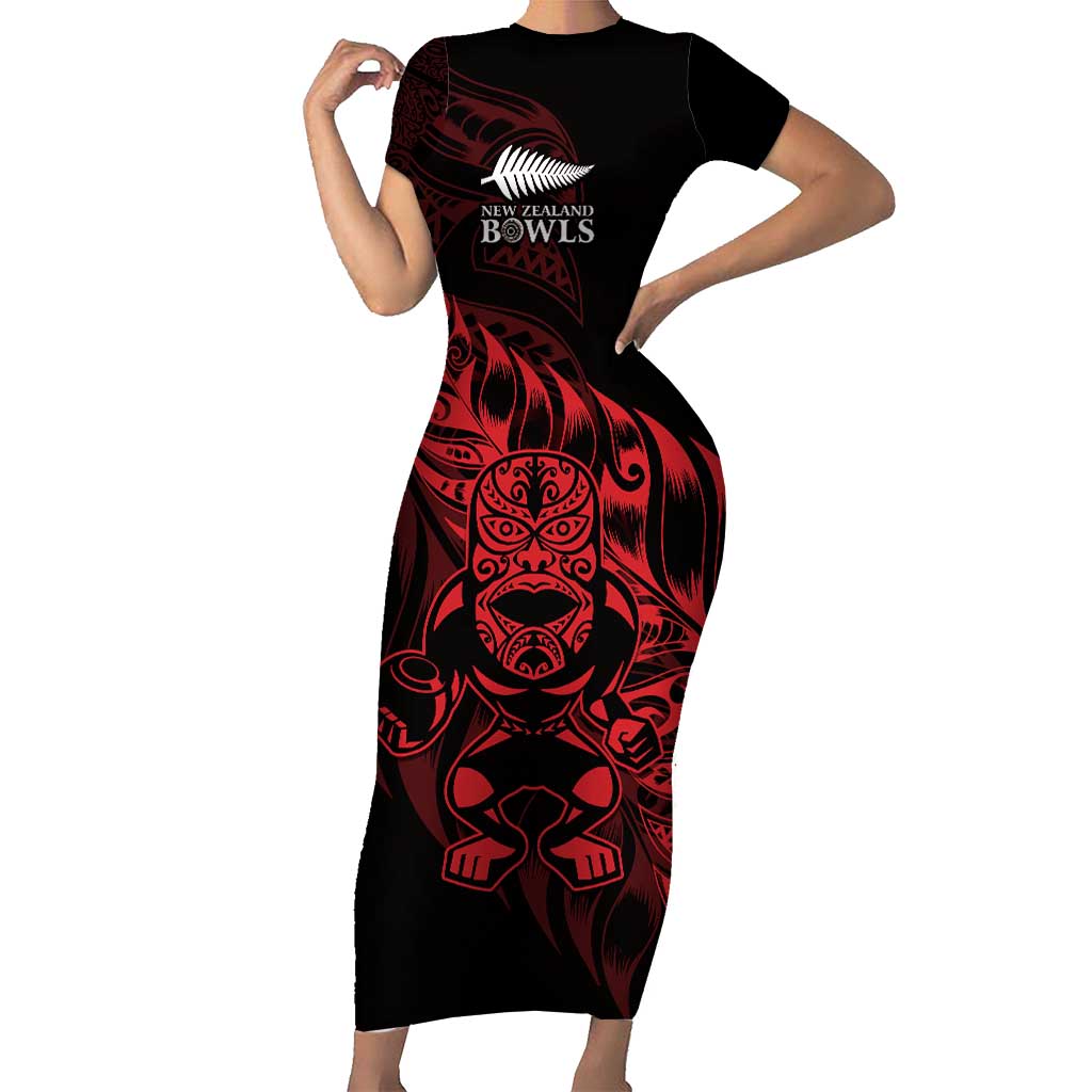 New Zealand Lawn Bowls Custom Short Sleeve Bodycon Dress Red Maori Warrior Tribal Silver Fern - Polynesian Pride