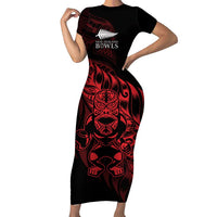 New Zealand Lawn Bowls Custom Short Sleeve Bodycon Dress Red Maori Warrior Tribal Silver Fern - Polynesian Pride