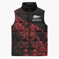 New Zealand Lawn Bowls Custom Sleeveless Puffer Jacket Red Maori Warrior Tribal Silver Fern - Polynesian Pride