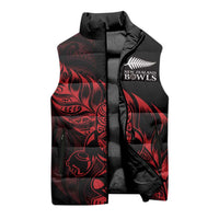 New Zealand Lawn Bowls Custom Sleeveless Puffer Jacket Red Maori Warrior Tribal Silver Fern - Polynesian Pride
